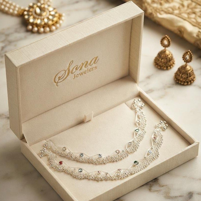 Sona Jewelers Silver Multi-Stone Payal Anklet Set - Traditional Indian Pakistani Bridal Ghungroo Anklets with Colorful Crystals(Replica)